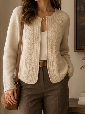 Anthropologie Knitted & Knot 100% Wool Cream Cable Knit Zip-Front Cardigan